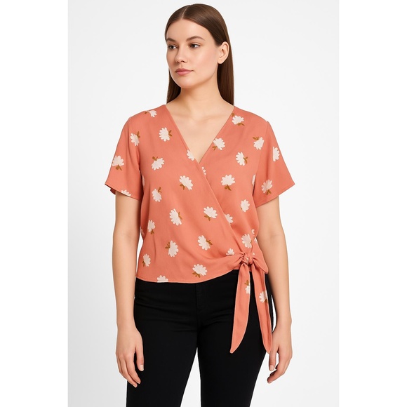 LUSH Peach Wrap Short Sleeve Double Lined Floral Blouse Womens Large - Picture 1 of 6